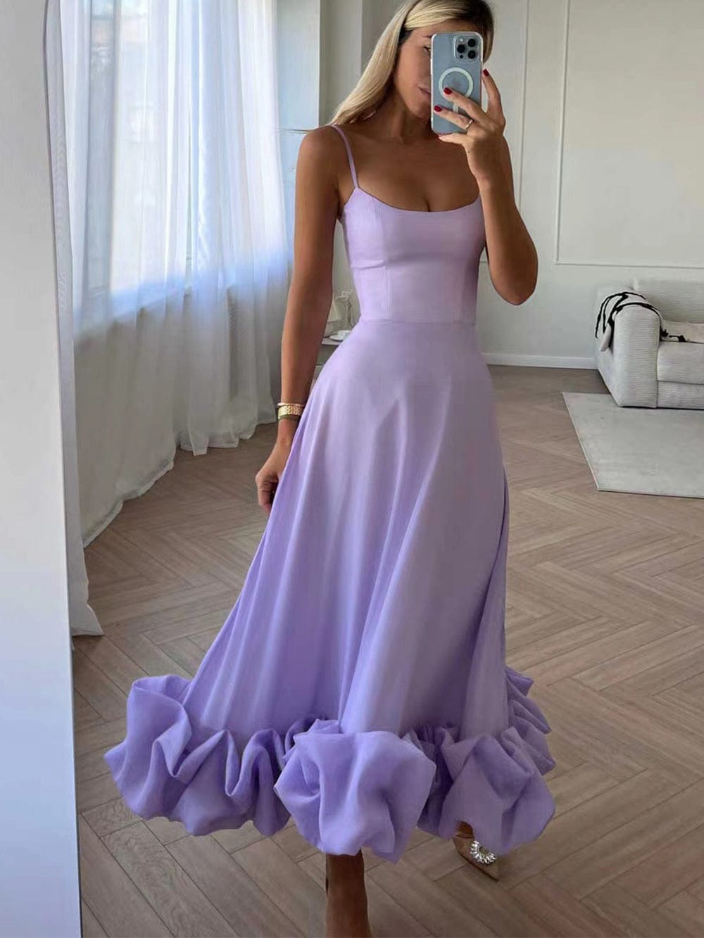 Women's Summer Formal Dress with Thin Strap and Ruffled Hem