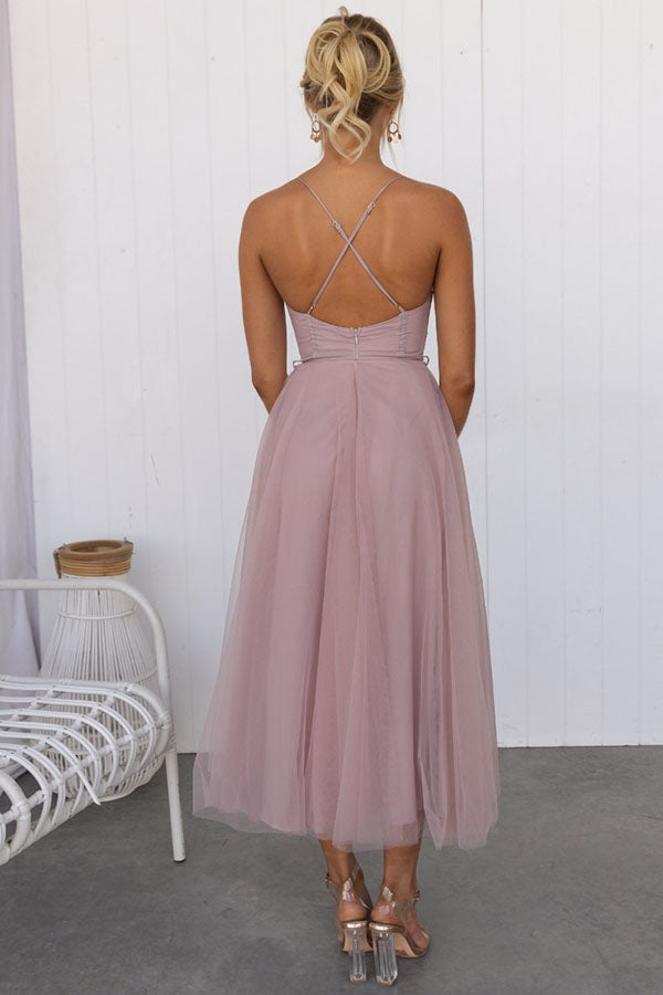 Women's Summer Corset Midi Dress with Tulle Skirt and Spaghetti Straps