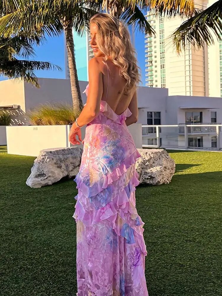 Women's Summer Sleeveless Dress with V-neck and Layered Ruffles