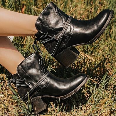 Women's Ankle Boots with Block Heels and Wraparound Lace