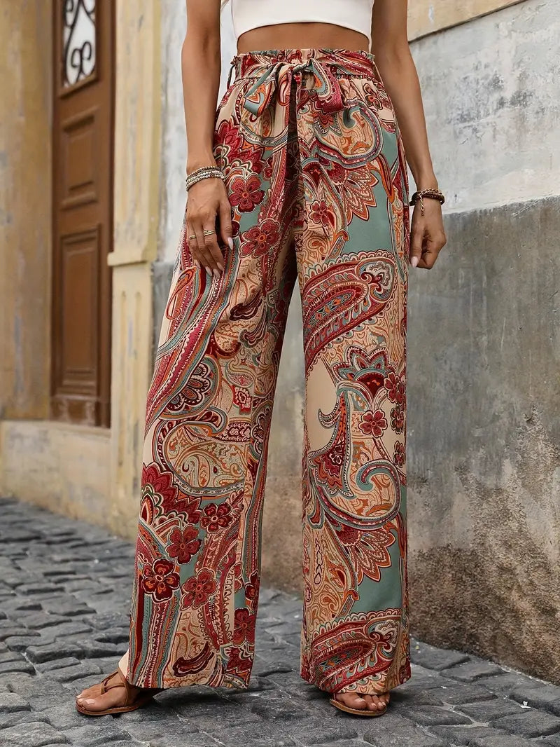 Women's Summer Boho Pants with Belt and Straight Leg