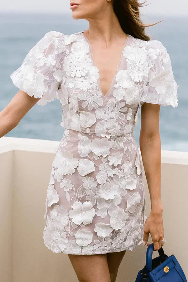 Women's Summer Puff Sleeves Mini Dress with V-neck and Floral Embroidered
