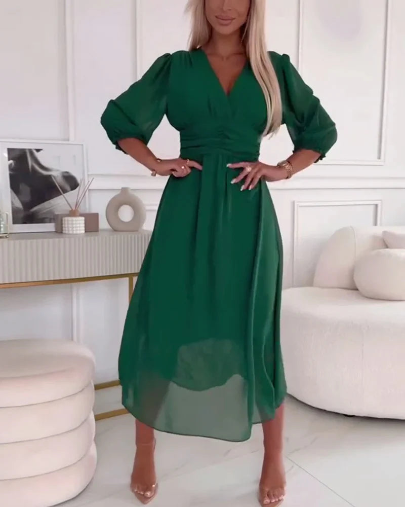 Women's Summer Midi Dress with Puff Sleeves and V-neckline