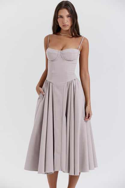 Women's Summer Midi Dress with Gathered Full Skirt and Sleeveless
