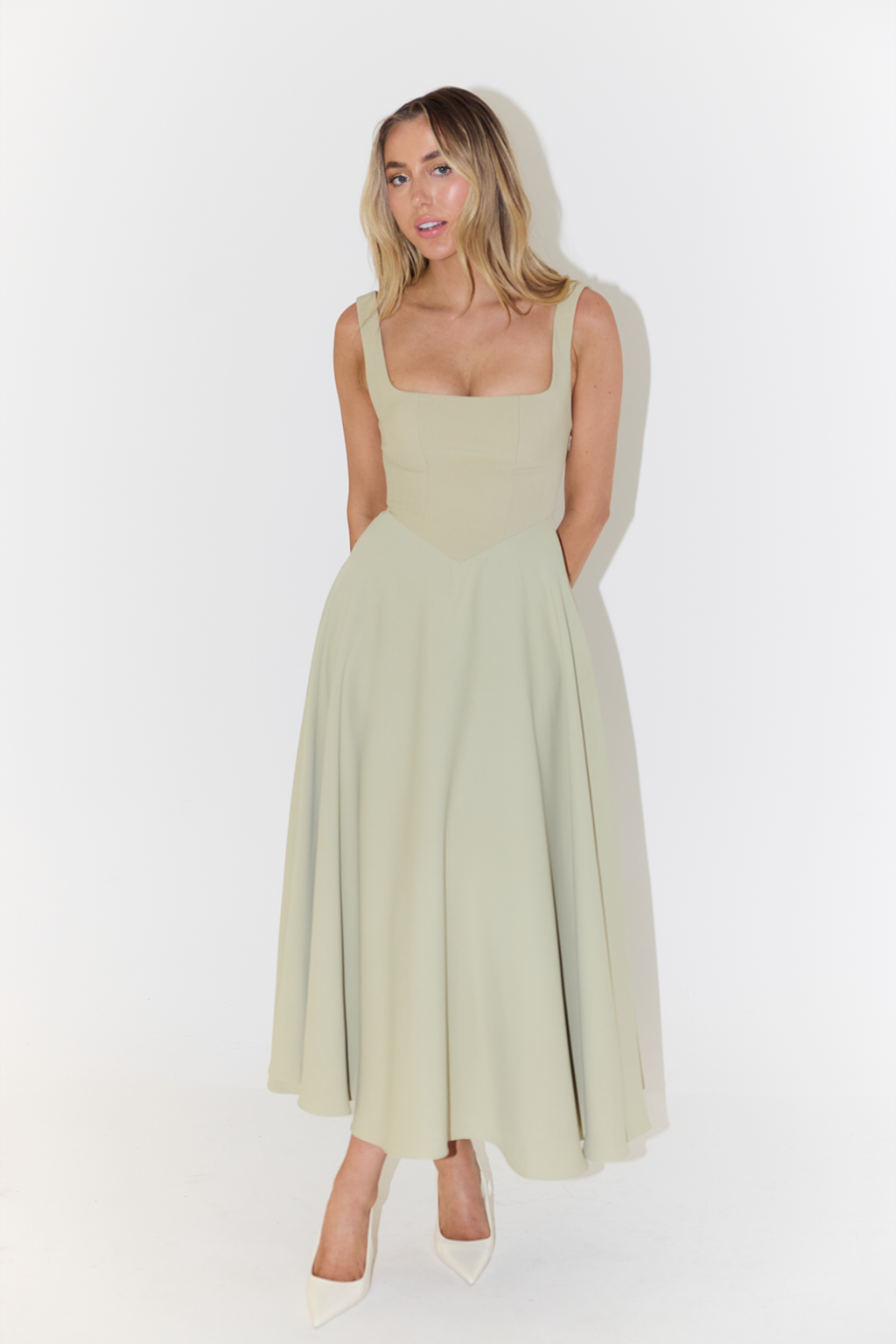 Women's Summer Midi Dress with Square Neckline and Sleeveless