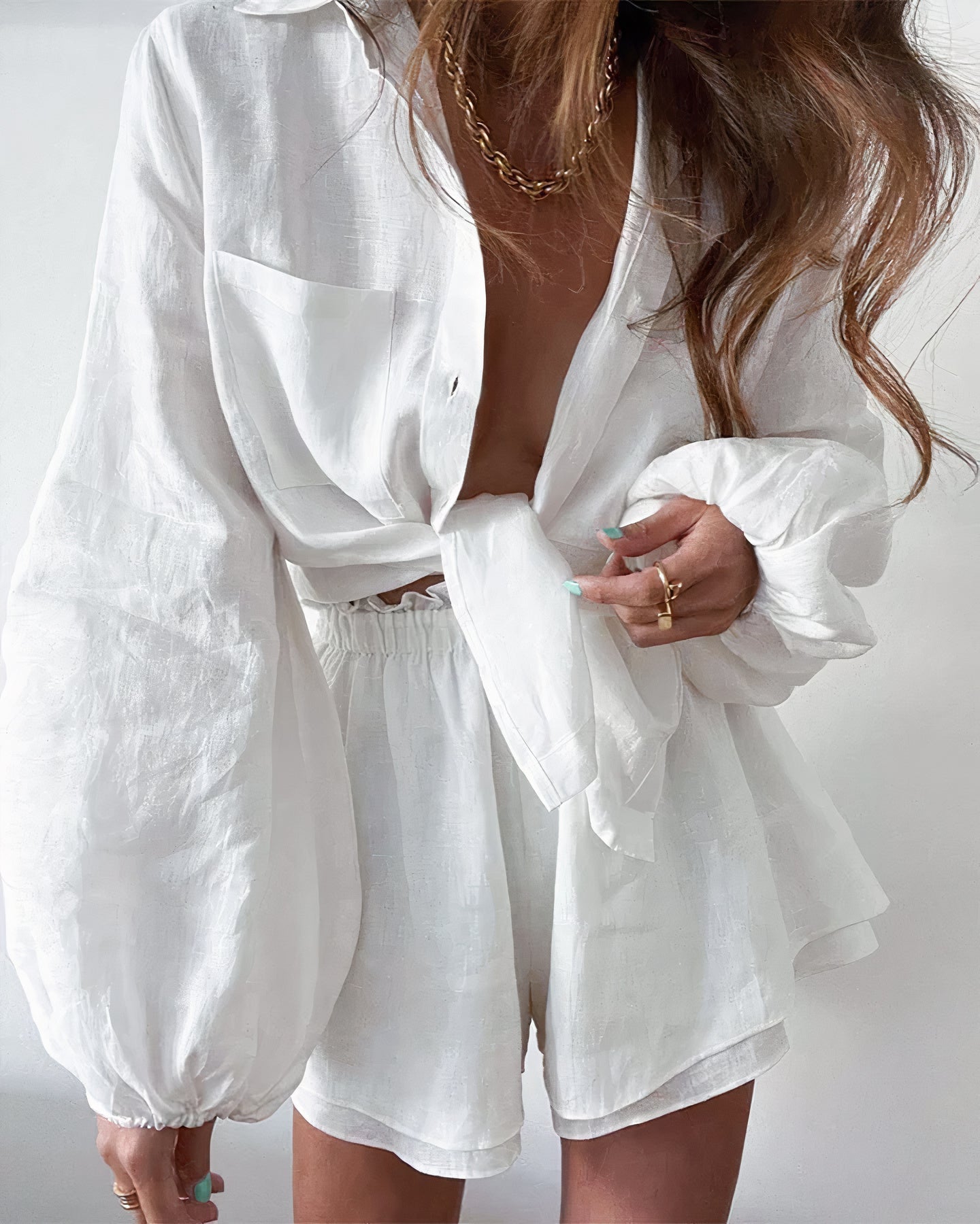 Women's Summer Two Piece Set with with Long Sleeve Tie-Front Shirt and Elastic Shorts