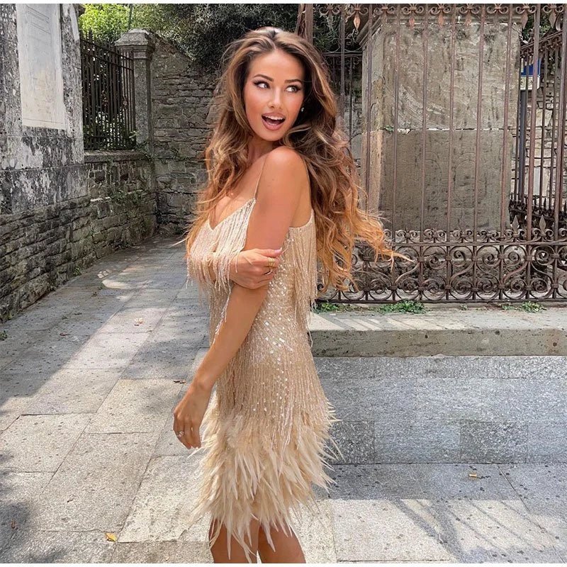 Women's Summer Evening Mini Dress with Sequined and Feather Style