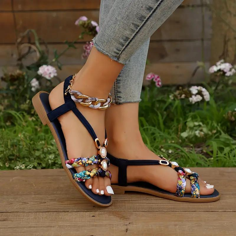 Women's Summer Multicolor Braided Strap Sandals with Gem Accents