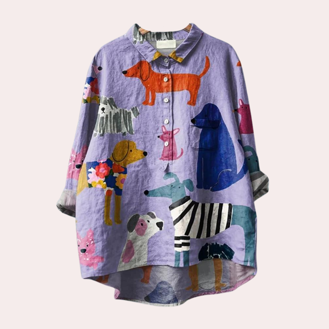Women's Folded Sleeves Shirt with Animal Print and Half Buttons