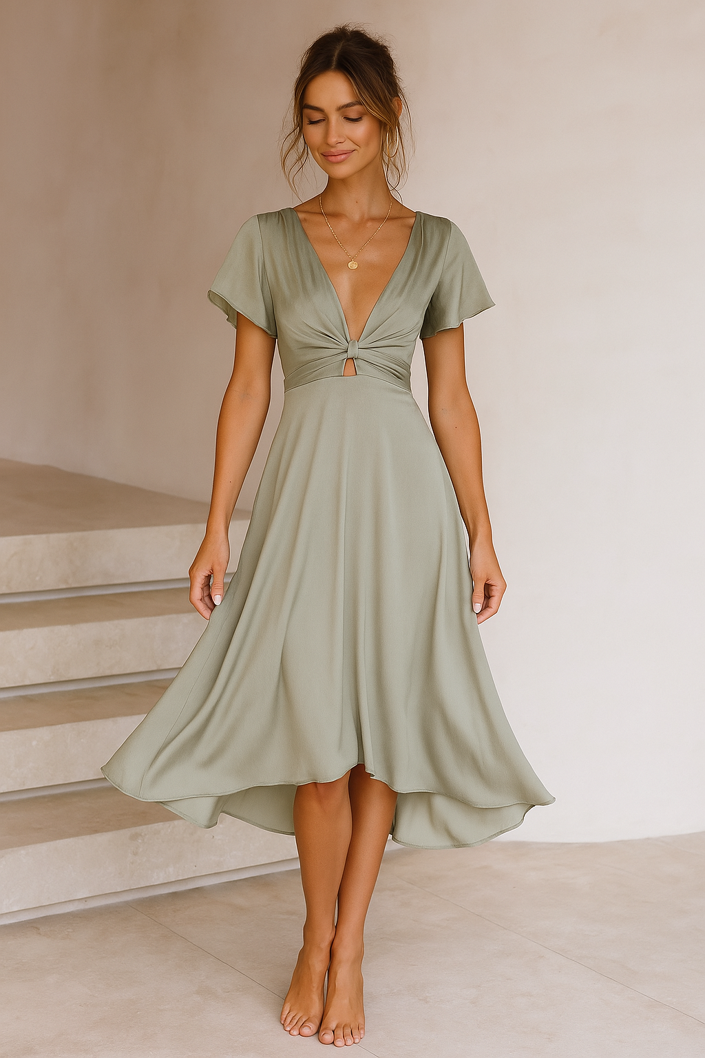 Women's Summer Midi Wrap Dress with V-Neckline and Tie-Back