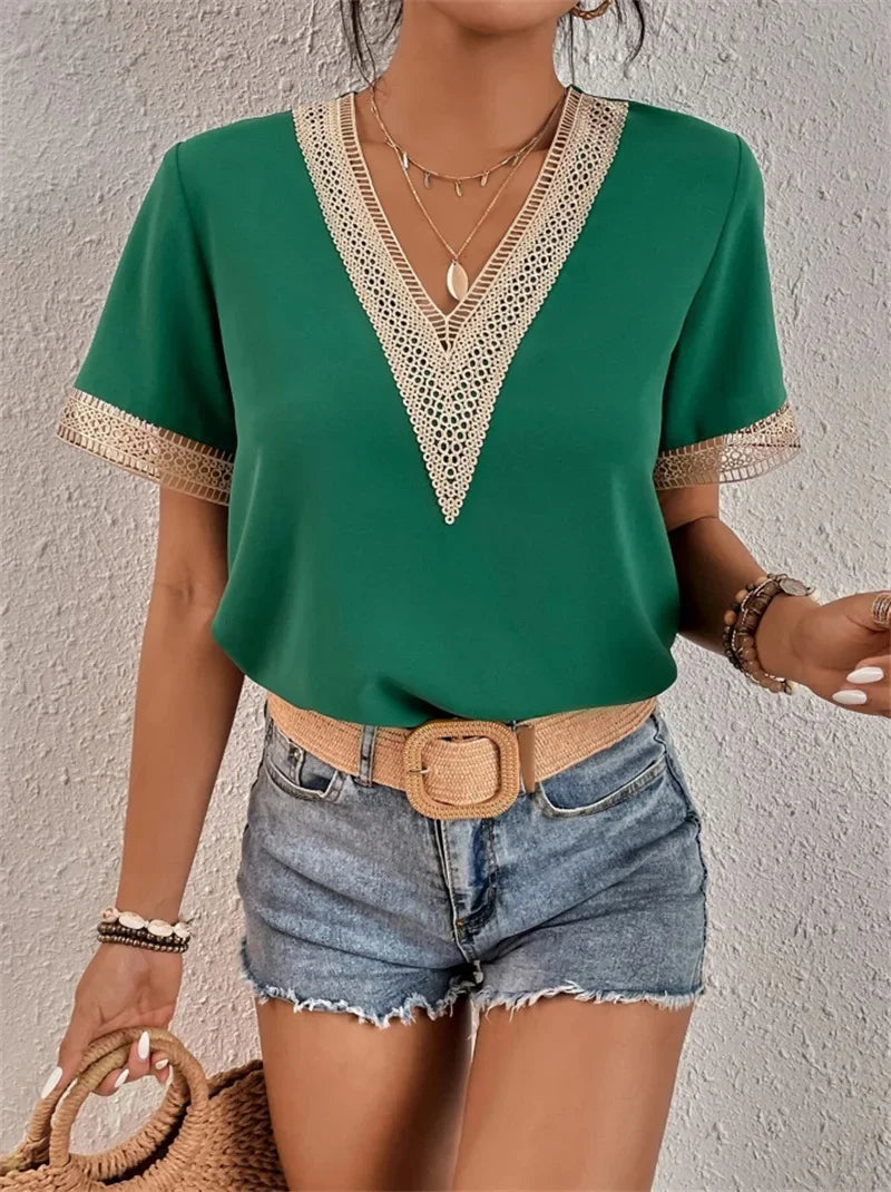 Women's Summer Guipure Lace Blouse with Short Sleeves and V-neckline