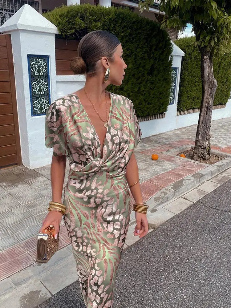 Women's Summer Printed Dress with Twisted Style and Short Sleeves