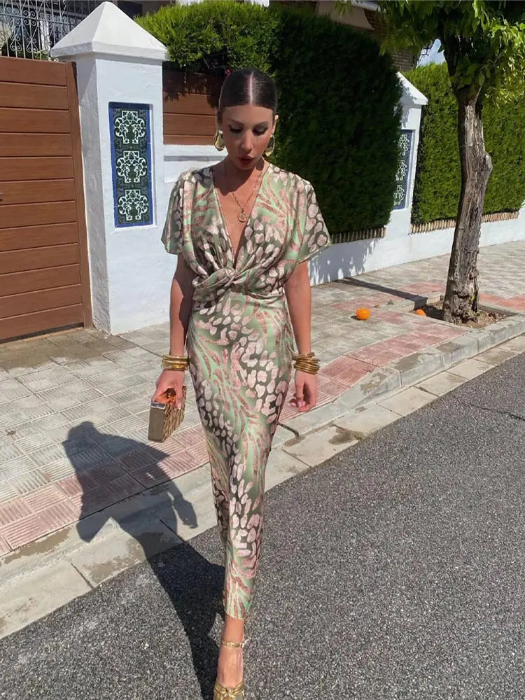 Women's Summer Printed Dress with Twisted Style and Short Sleeves