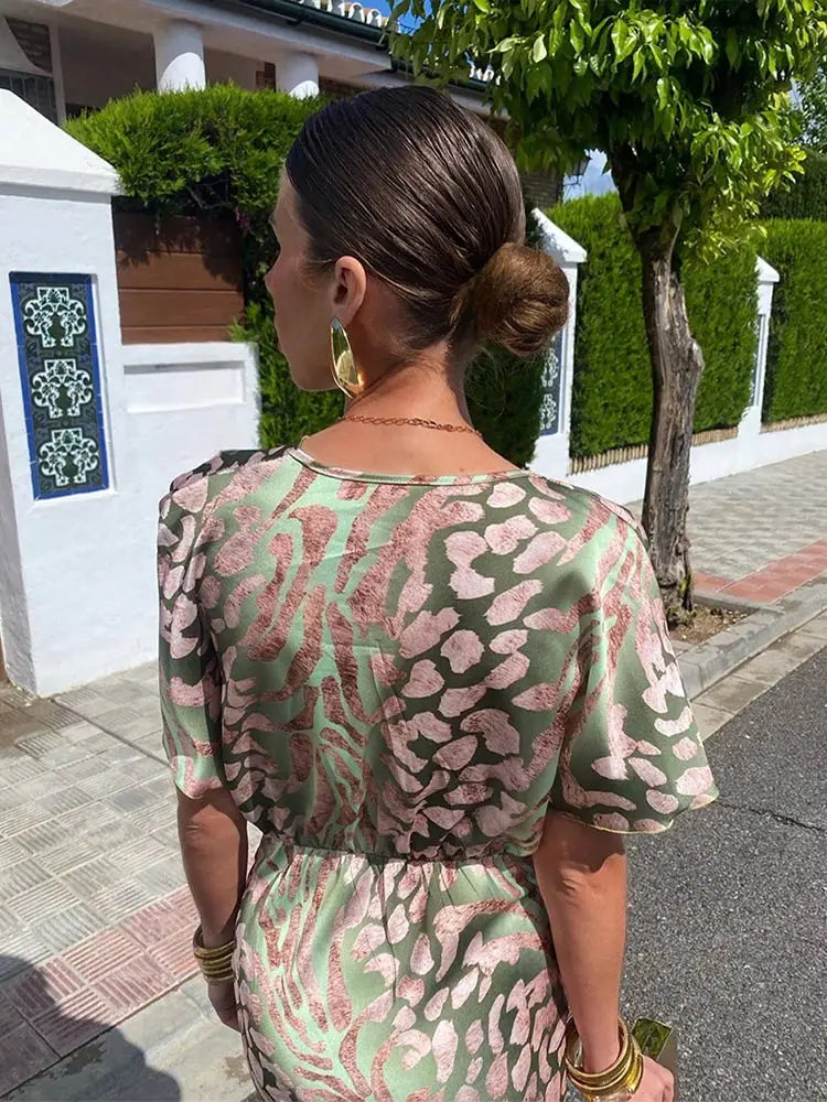 Women's Summer Printed Dress with Twisted Style and Short Sleeves