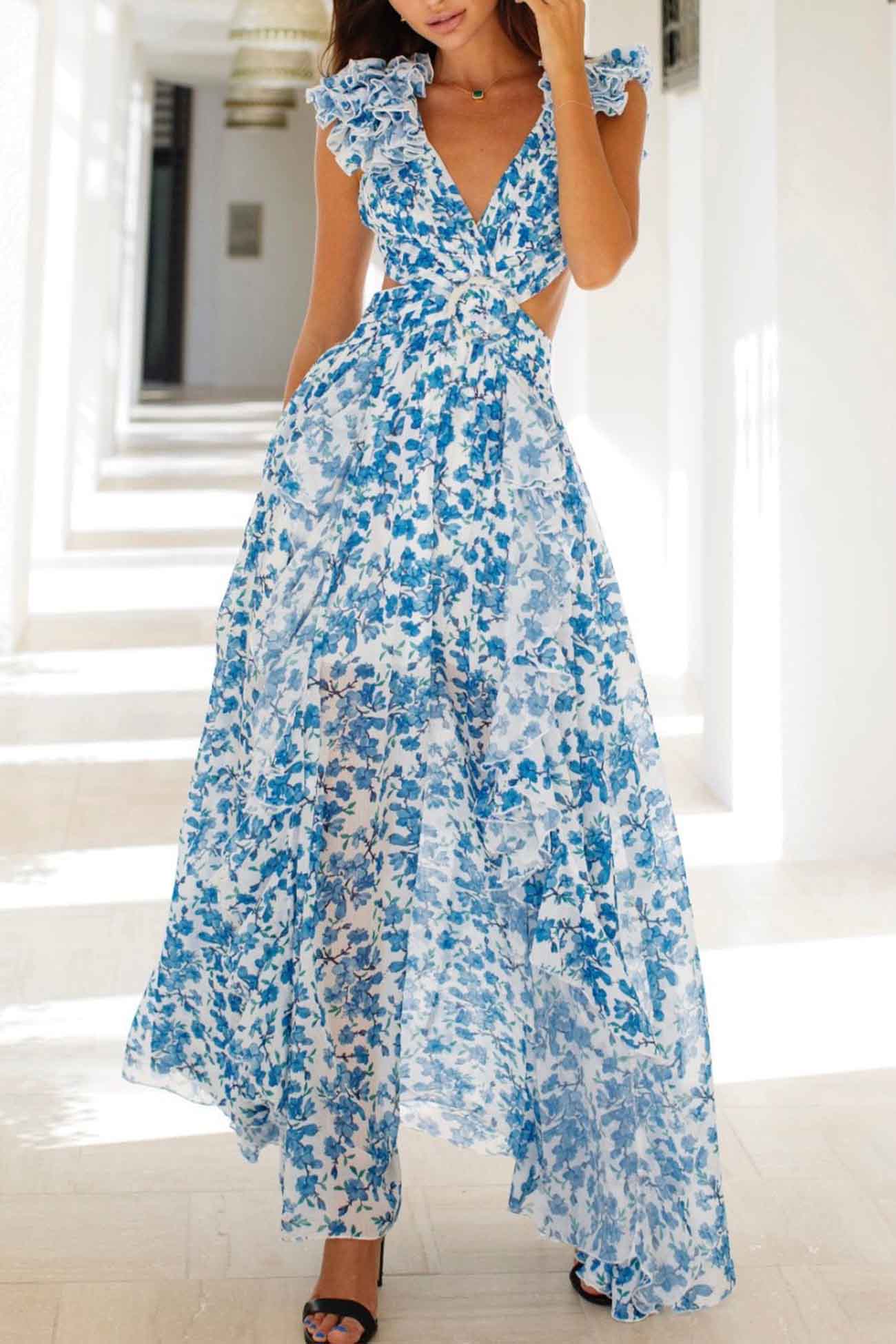 Women's Summer Floral Criss-cross Dress with Ruffles and Cut-out Waist