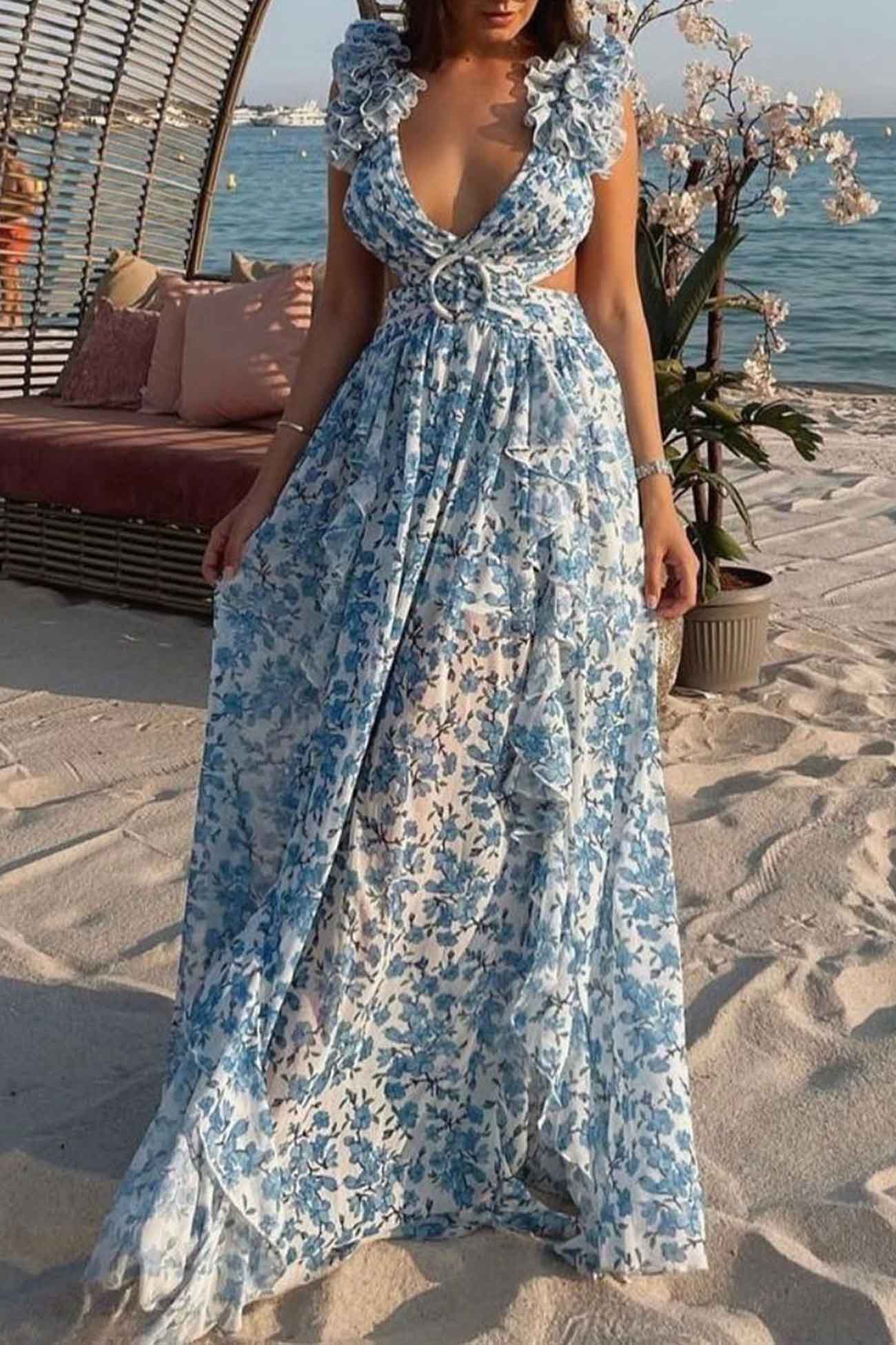 Women's Summer Floral Criss-cross Dress with Ruffles and Cut-out Waist