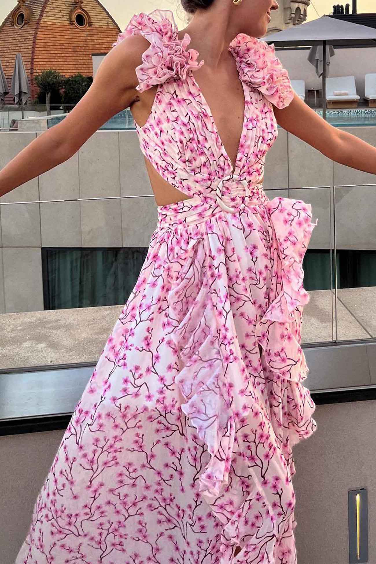 Women's Summer Floral Criss-cross Dress with Ruffles and Cut-out Waist