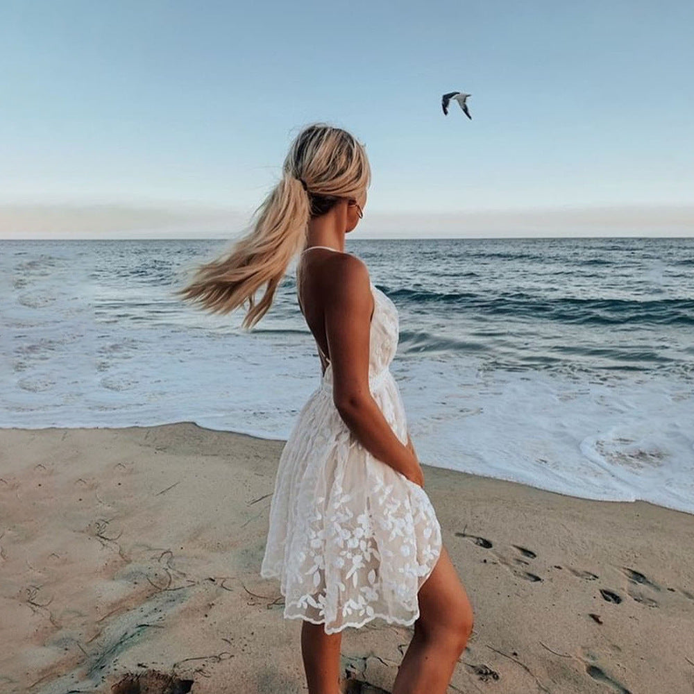 Women's Summer Embroidered Mini Dress with Deep V-Neck and Sheer Overlay