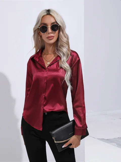Women's Long Sleeve Blouse with Buttons and Smooth Fabric