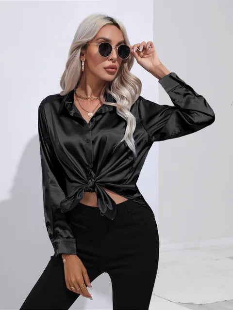 Women's Long Sleeve Blouse with Buttons and Smooth Fabric