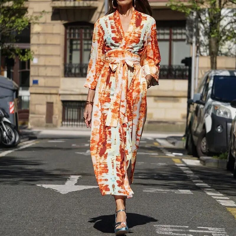 Women's Summer Tie Dye Maxi Dress with Long Sleeve and V-neck