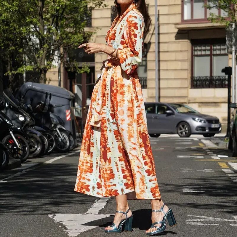 Women's Summer Tie Dye Maxi Dress with Long Sleeve and V-neck