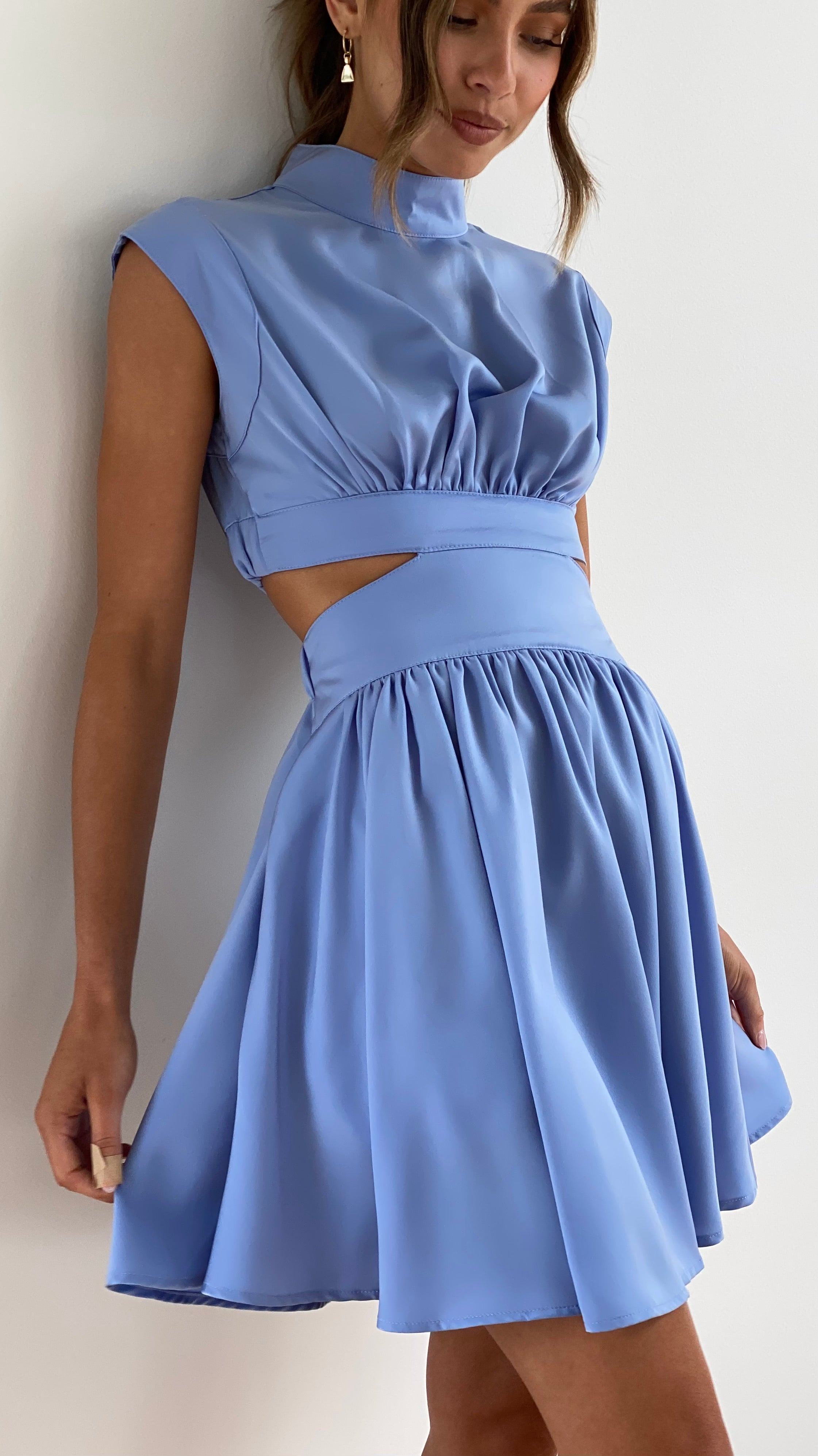 Women's Summer Sleevesless Mini Dress with High Neck and Cutout Design