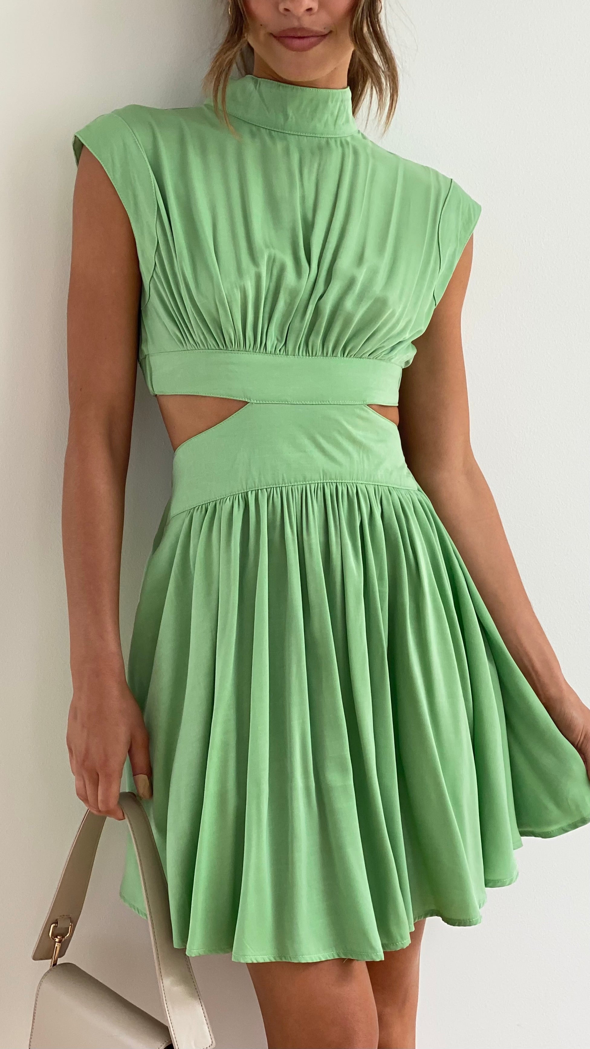 Women's Summer Sleevesless Mini Dress with High Neck and Cutout Design