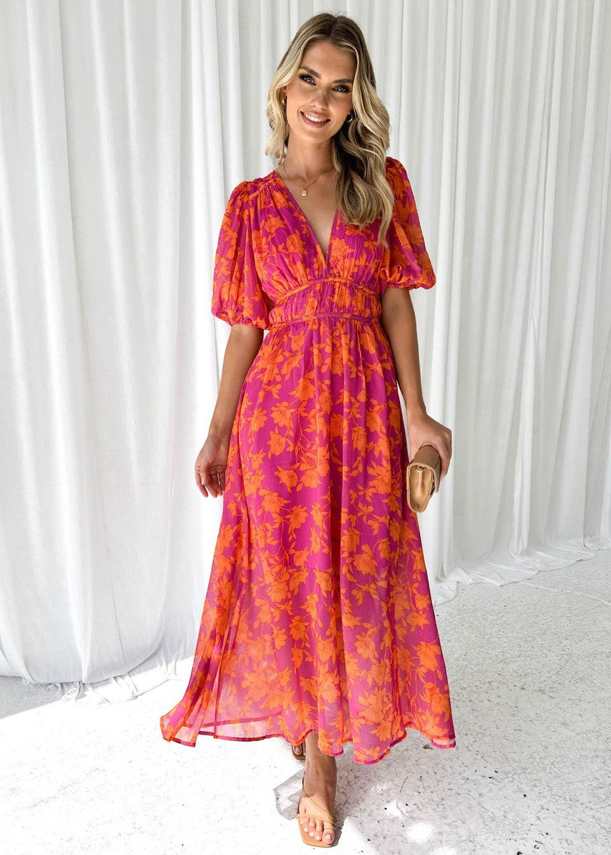 Women's Summer Floral Midi Dress with Puff Sleeves and V-neck