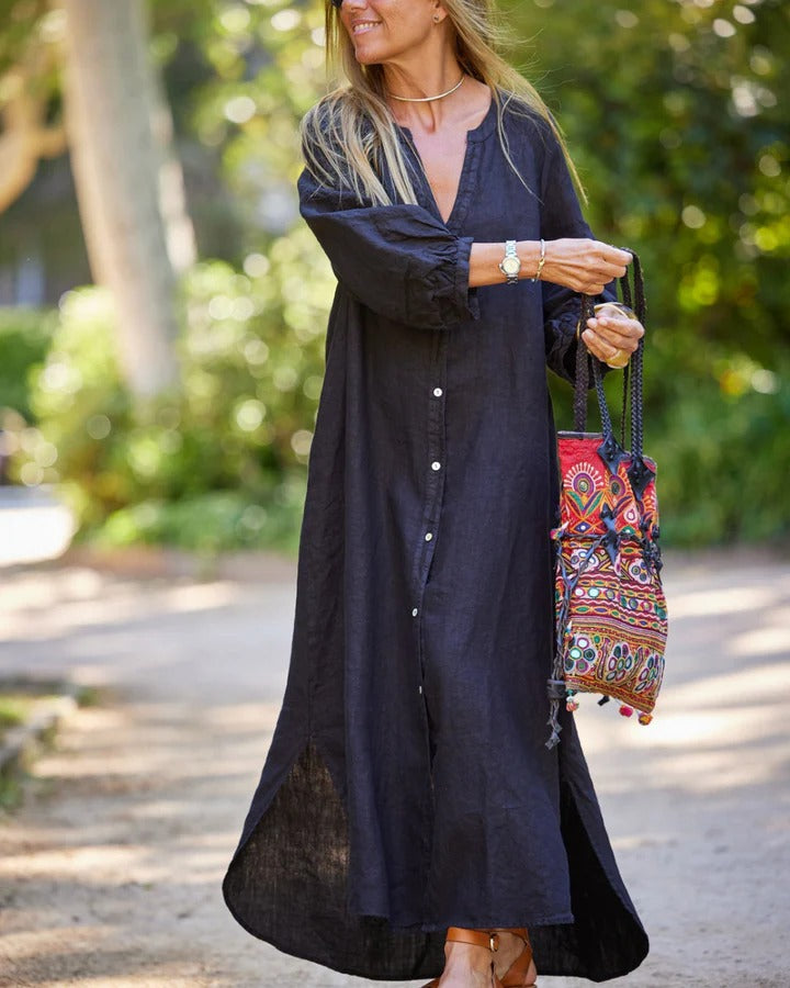 Women's Summer V-neck Maxi Dress with Puff Sleeves and Buttons