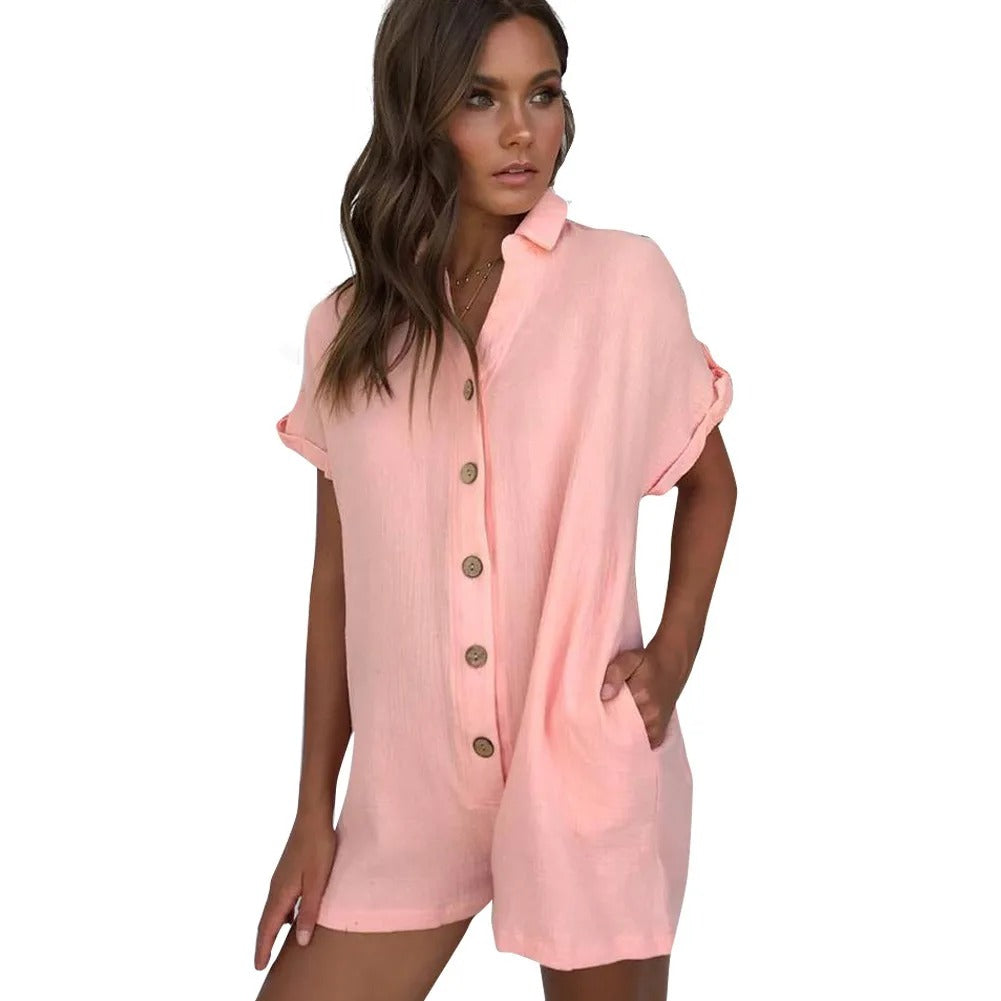 Women's Summer Buttoned Jumpsuit Short with Pockets and Short Sleeves
