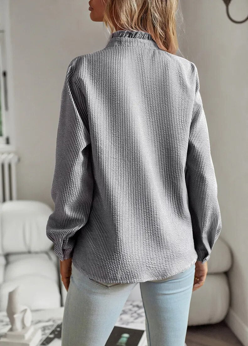 Women's Summer Long Sleeve Blouse with Buttons and Ruffles