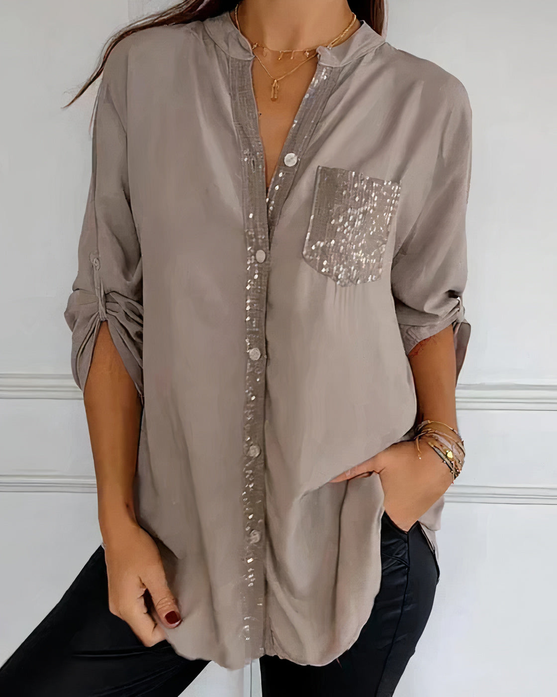 Women's Half Sleeve Glitters Blouse with One Pocket and Buttons