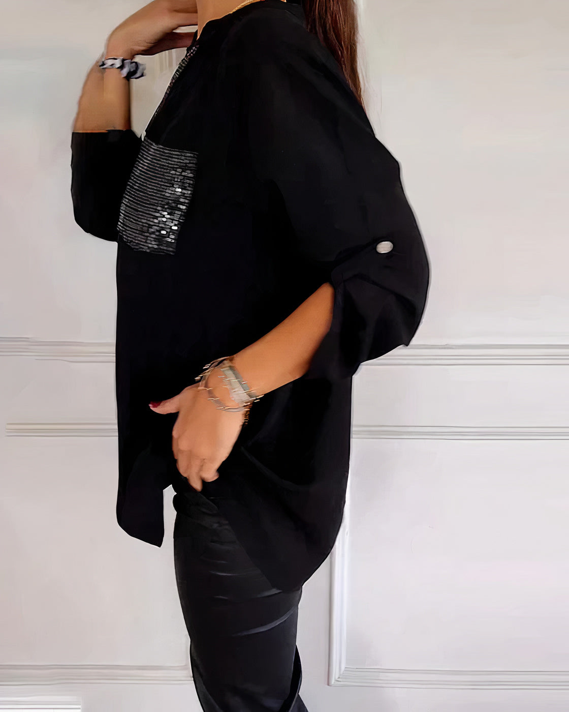 Women's Half Sleeve Glitters Blouse with One Pocket and Buttons