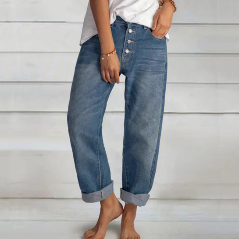 Women's High-Waisted Button-Fly Denim Pants with Rolled Hems