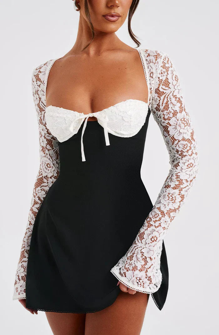 Women's Summer Party Mini Dress with Long Sleeve Lace and Drawstrings