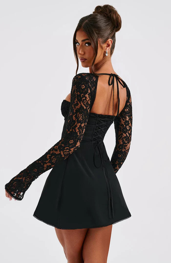 Women's Summer Party Mini Dress with Long Sleeve Lace and Drawstrings