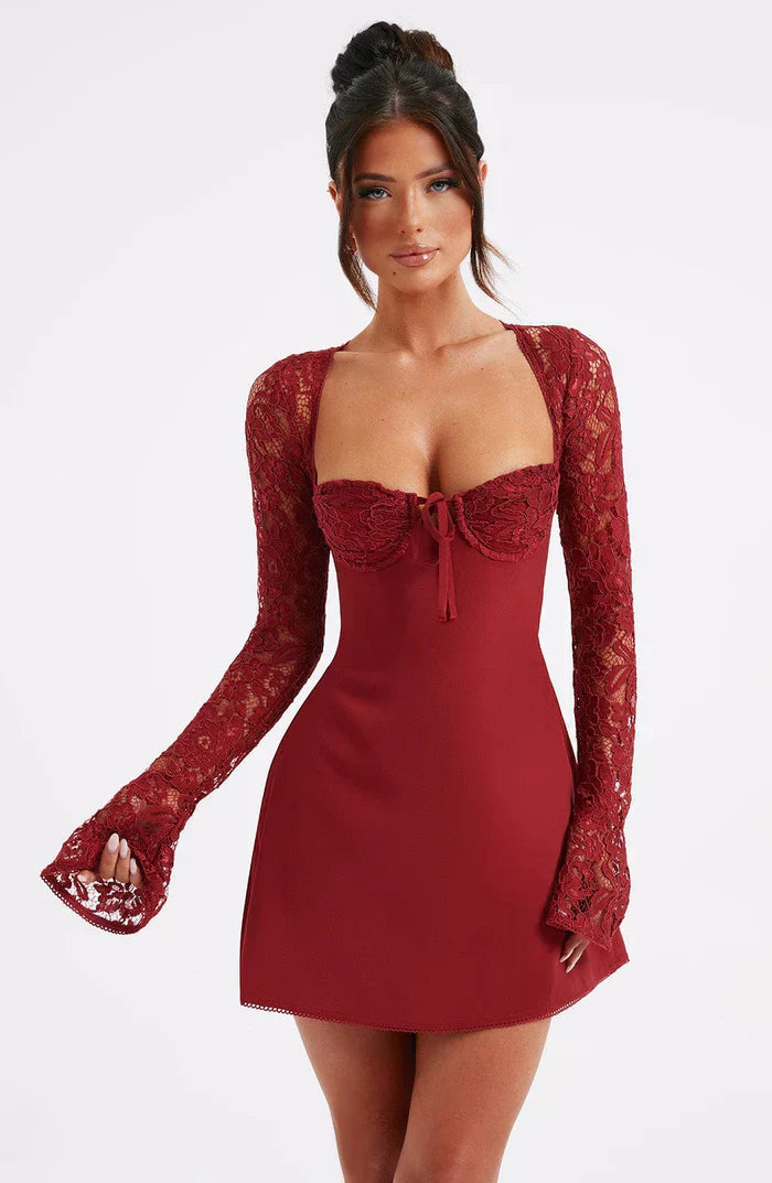 Women's Summer Party Mini Dress with Long Sleeve Lace and Drawstrings