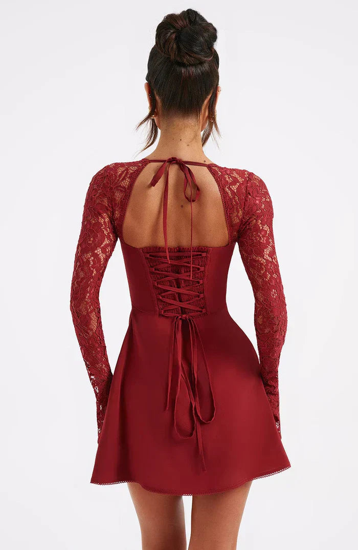 Women's Summer Party Mini Dress with Long Sleeve Lace and Drawstrings