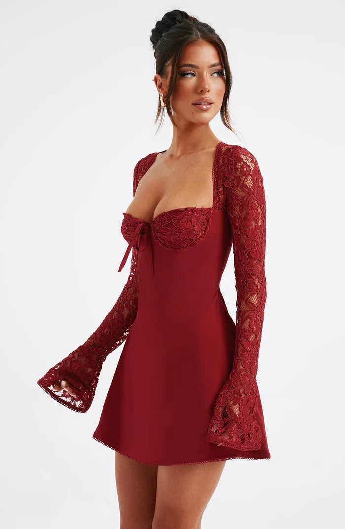 Women's Summer Party Mini Dress with Long Sleeve Lace and Drawstrings