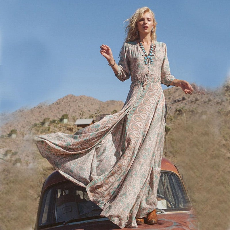 Women's Summer Boho Maxi Dress with V-neck and Slit