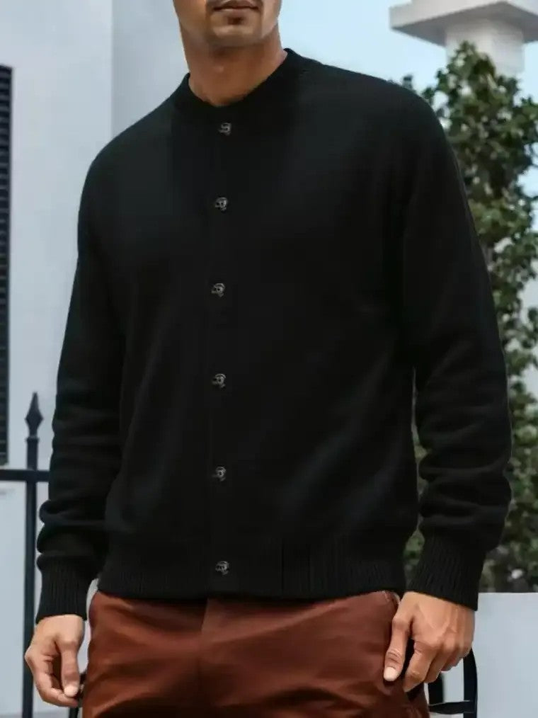 Men's Button-Front Cardigan with Ribbed Cuffs and Hem