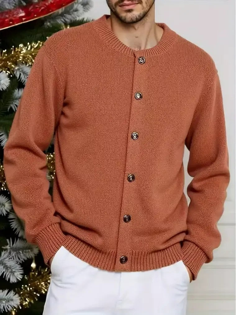 Men's Button-Front Cardigan with Ribbed Cuffs and Hem