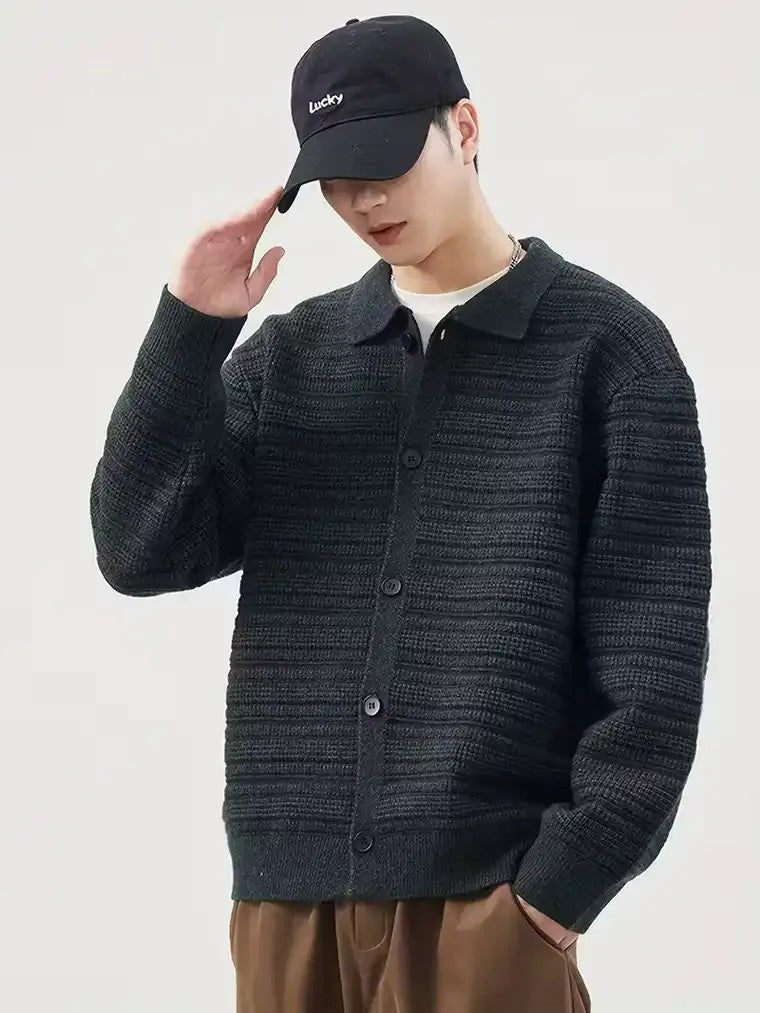 Men's Chunky Knit Cardigan with Lapel Collar