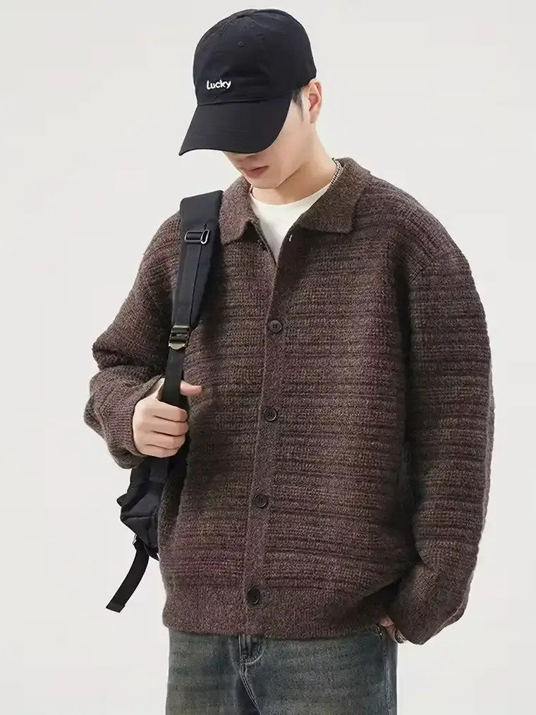 Men's Chunky Knit Cardigan with Lapel Collar