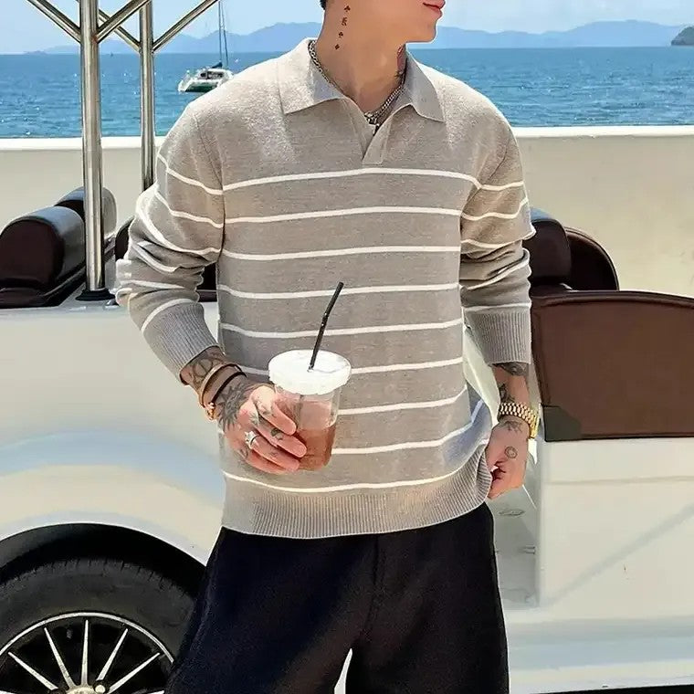 Men's Collared Sweater with Striped Pattern