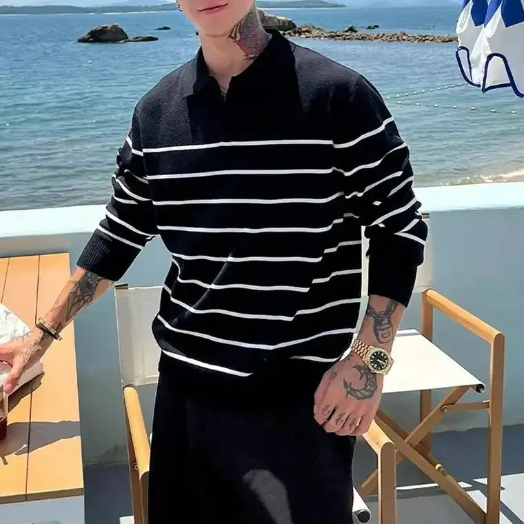 Men's Collared Sweater with Striped Pattern
