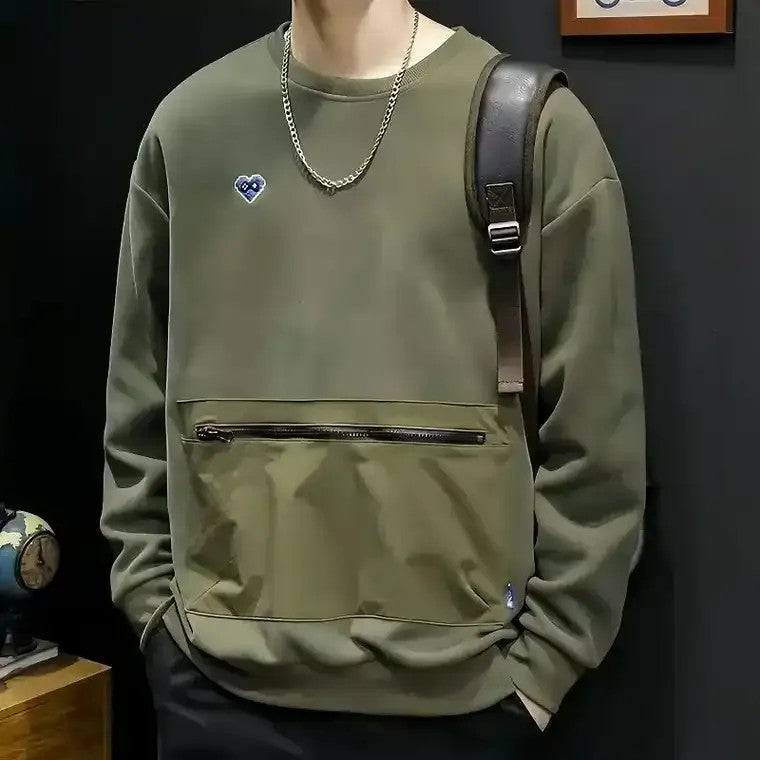 Men's Green Crewneck Sweater with Front Pocket