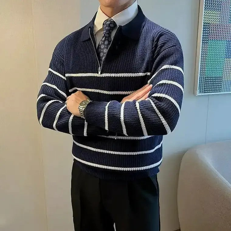 Men's Half-Zip Striped Rib Knit Sweater