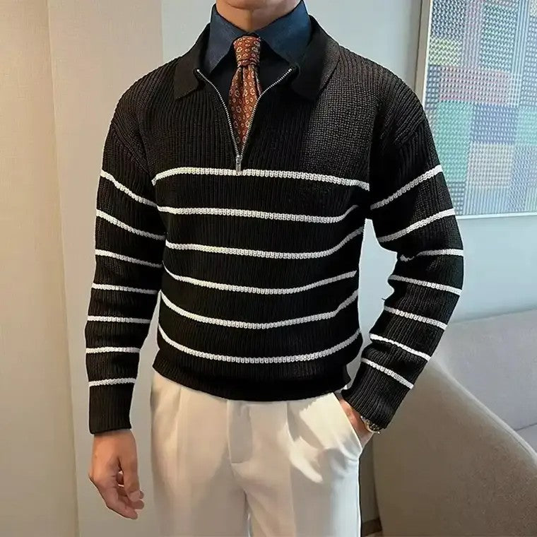 Men's Half-Zip Striped Rib Knit Sweater